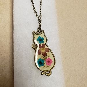 Cat necklace.  Pressed flowers.  Bronze chain. 24 inches with 1 inch extender